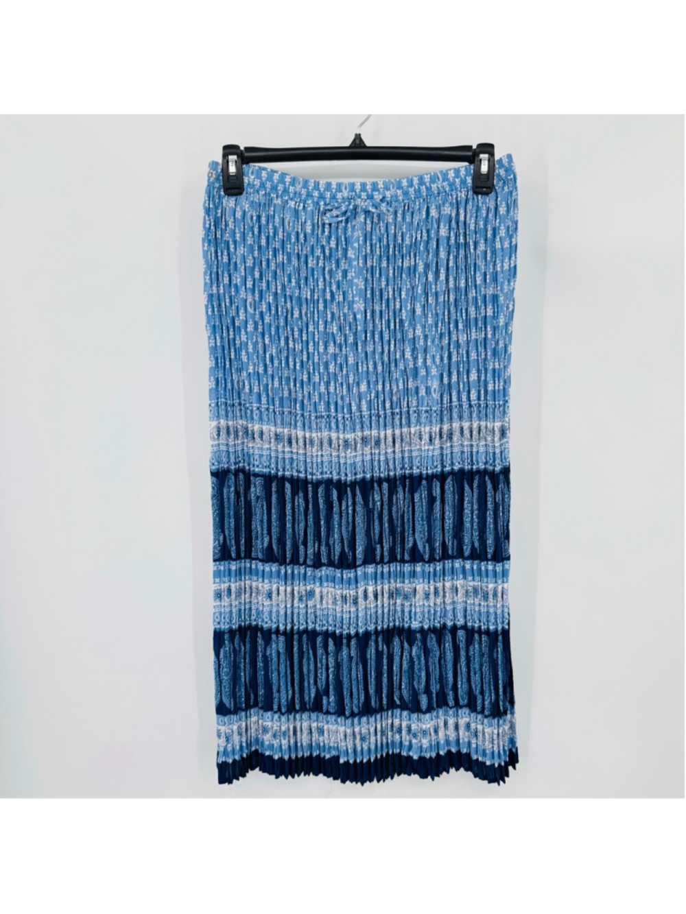Vintage Maxi Skirt Plisse Pleated Blue Dainty Floral Paisley Boho Festival 14